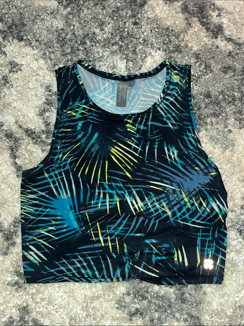 Sweaty Betty Palm-Print Sports Crop — Black, Teal & Yellow